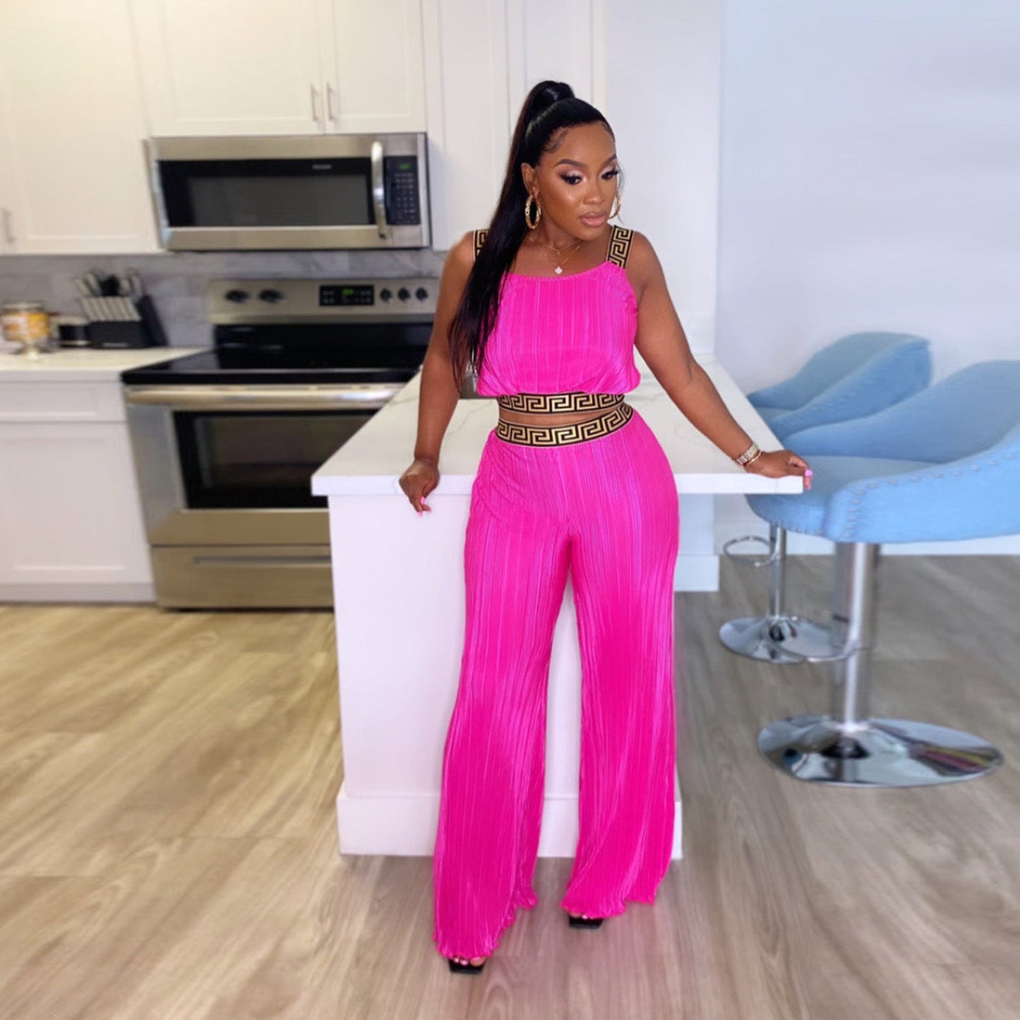 Popular Slim Fit Pleated Ribbon Matching Solid Color High Waist Wide Leg Two Piece Set