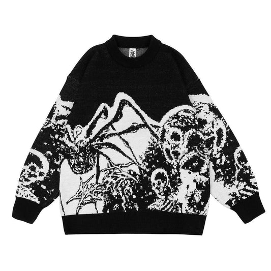 Grunge Skull Printed Crewneck Loose-Fit Knit Sweater