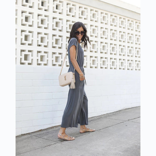 Casual Spring Summer Elastic Waist V neck Wide Leg Jumpsuit for Women