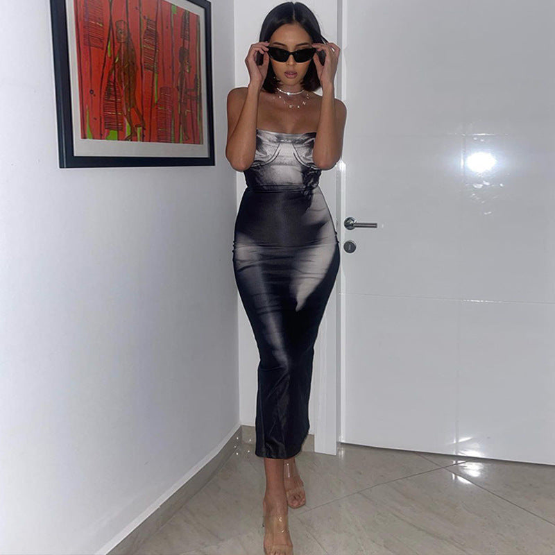 Women Clothing Autumn Winter Suspender Off Neck Printed Slim Fit Sheath Back High Split Dress