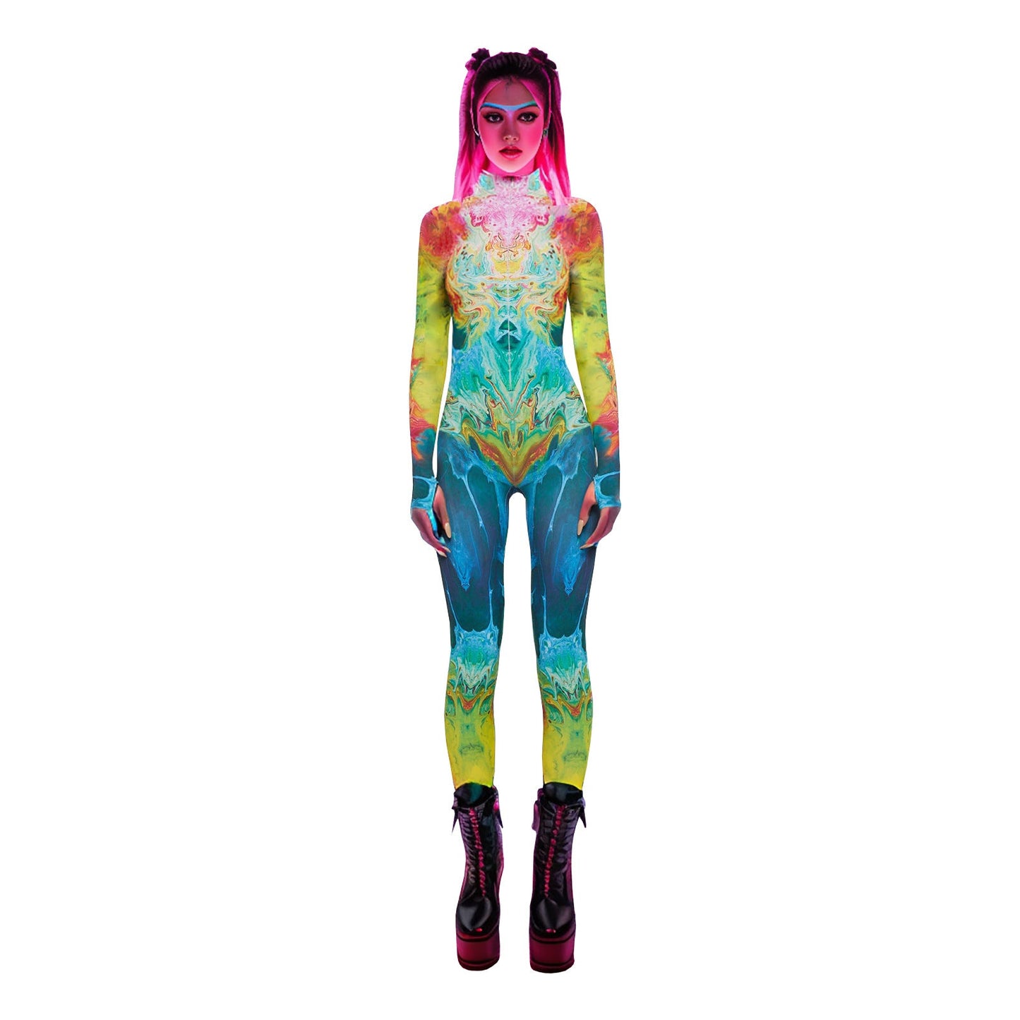 Women Clothing Y2g Printing Finger Fit Design Zipper Stretch Slim Fit Bodysuit