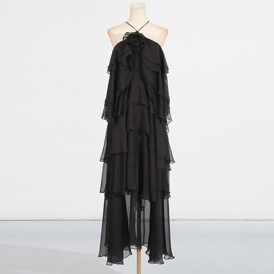 Elegant Lady Patchwork Ruffled Maxi Dress Early Spring Halter Backless Design Maxi Dress Women