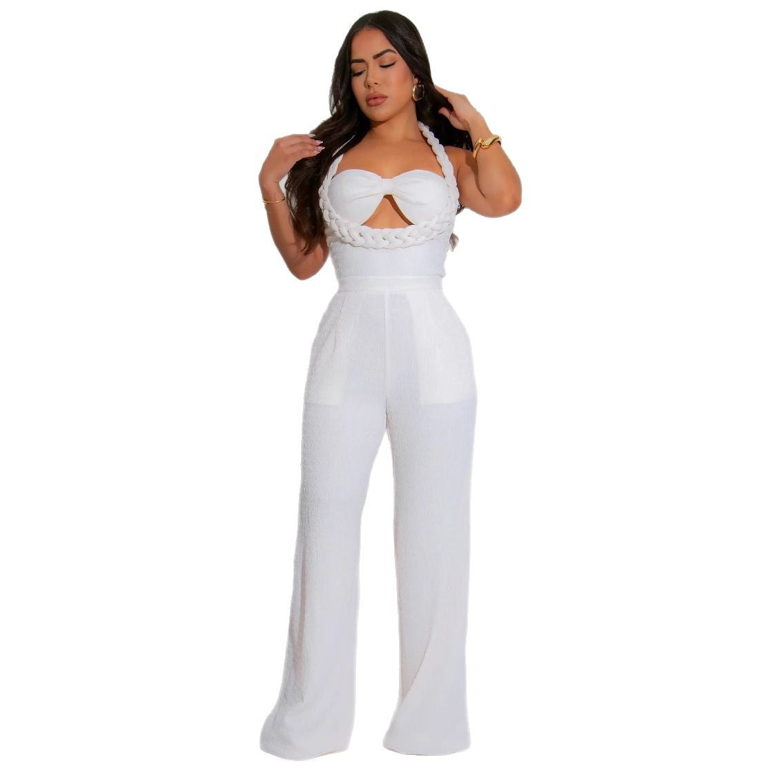 High Waist Design Woven Spaghetti Straps Sleeveless Loose Straight One Piece