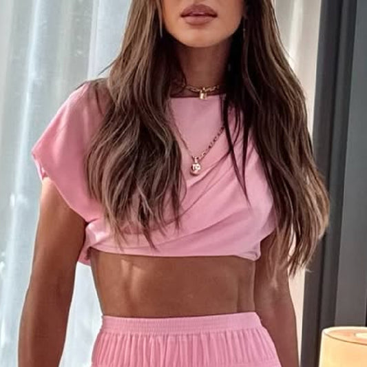Stunning Chiffon Ruched Shoulder Short Sleeve Crop Top