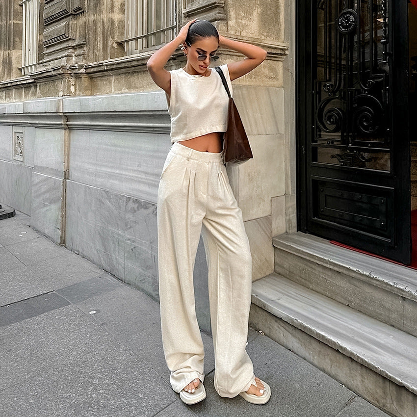 Street Casual Set Khaki Cotton Linen Sleeveless Top Trousers Two Piece Set Summer Women