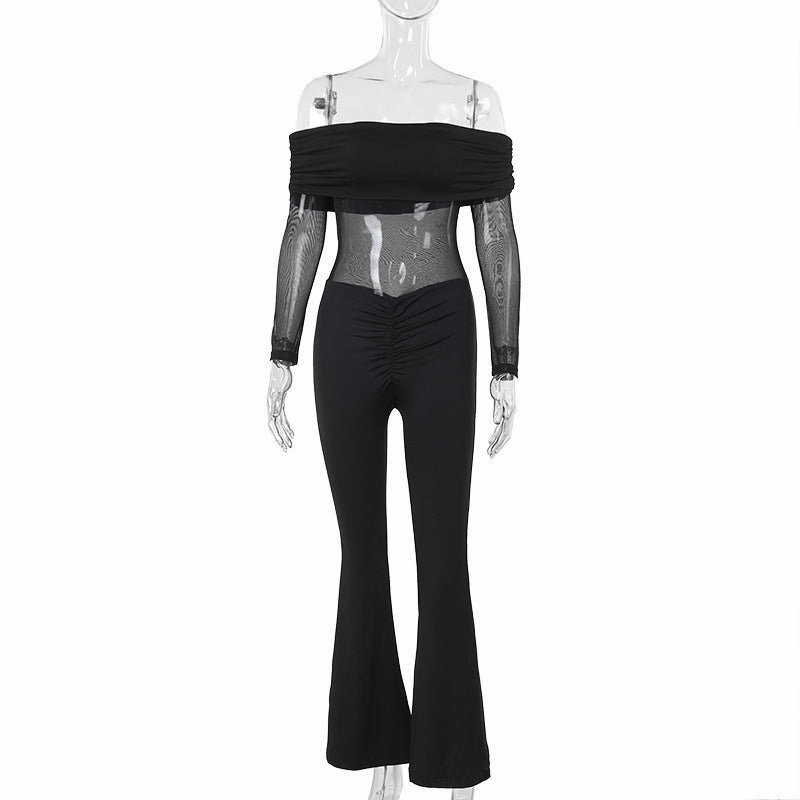 Fall Street Mesh Stitching off Shoulder Long Sleeve Jumpsuit Women