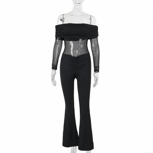 Fall Street Mesh Stitching off Shoulder Long Sleeve Jumpsuit Women