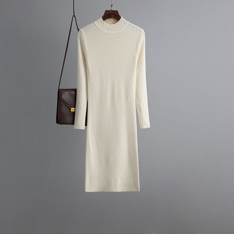 Sheath Half High Collar Inner Match Knitted Dress Women Fall Winter Outer Wear Thin over the Knee Mid Length Sweater Trendy