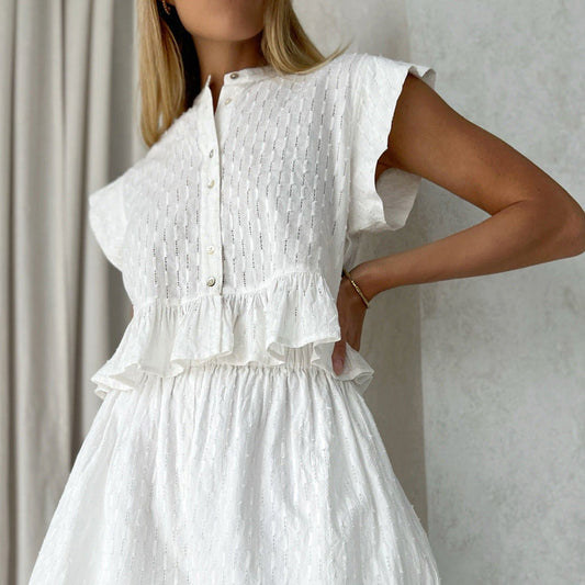 ¡¾MOQ-5 packs¡¿ Summer Jacquard Short Sleeve Sense of Design Shirt Casual Office Shorts Set for Women