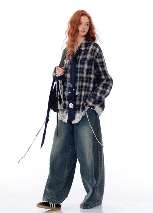 Lace Trim Plaid Button Up