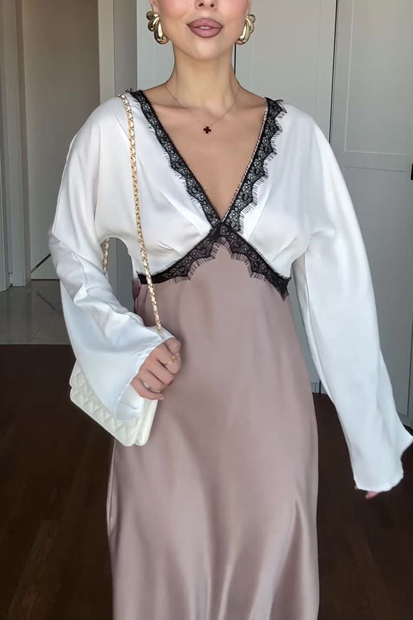 Lainei Contrast Color Satin Lace Trim V-neck Long Sleeve Maxi Dress
