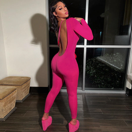 Backless Solid Color Long Sleeve Jumpsuit Fall Slim Fit Sports Sexy Bottoming Women Clothing
