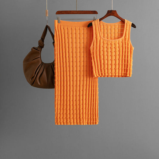 Women Summer Women Sleeveless Vest Top Skirt Knitted Two Piece