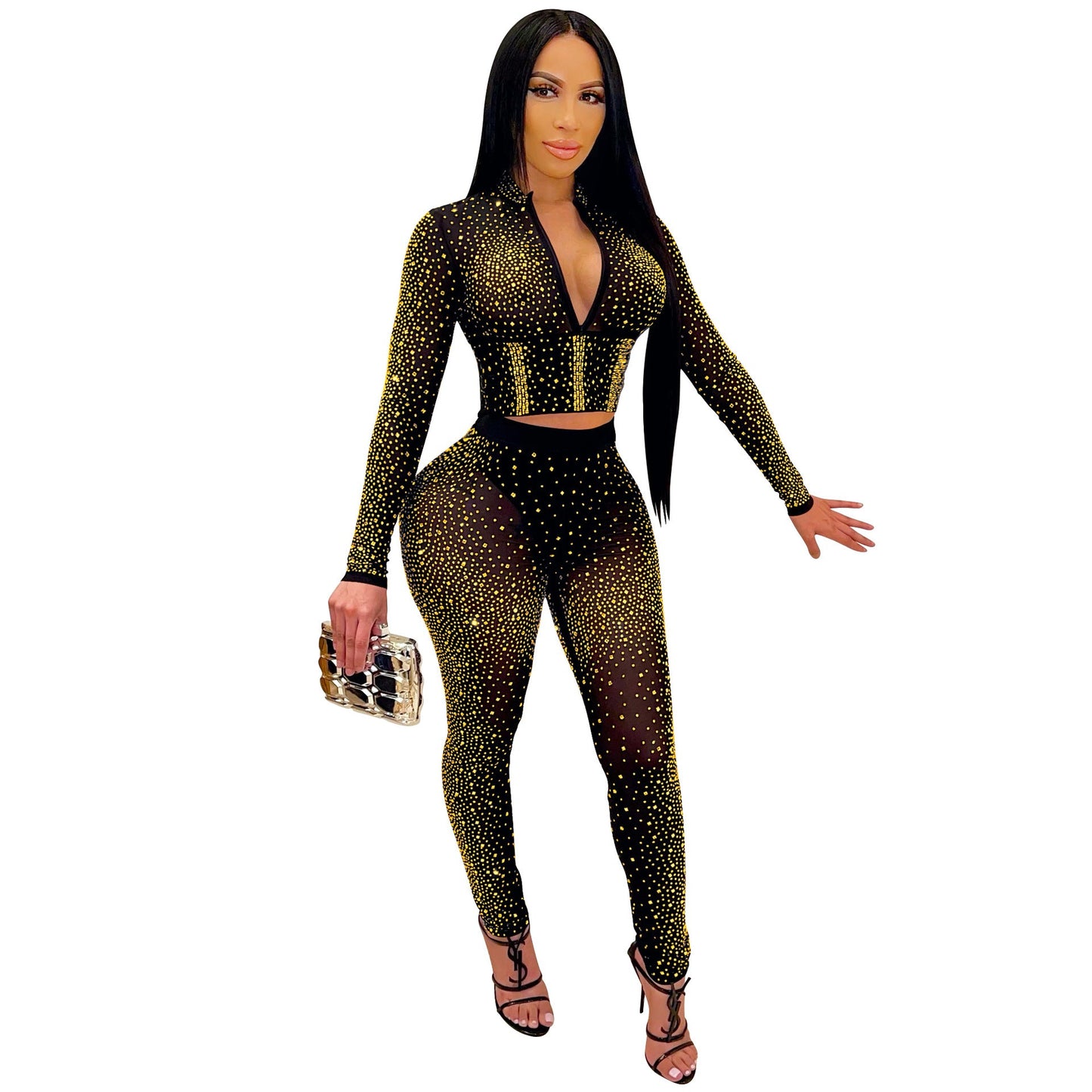 Nightclub Rhinestone V-neck Long-Sleeved Trousers Women Two Piece Suit