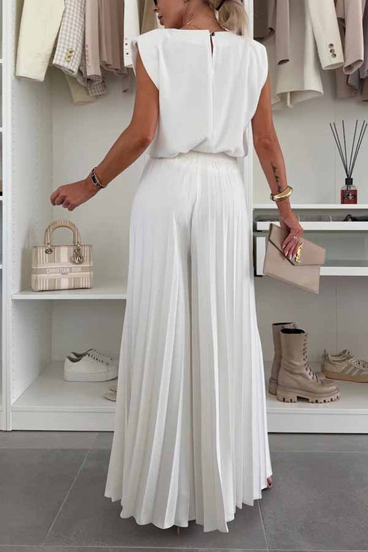 Fashionable Round Neck Shoulder Pads Top and Elastic Waist Pleated Wide-leg Pants Set