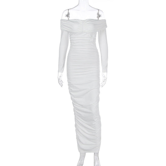 Solid Color Sexy off the Shoulder Maxi Dress Elegant Pleated Long Sleeve Dress Women
