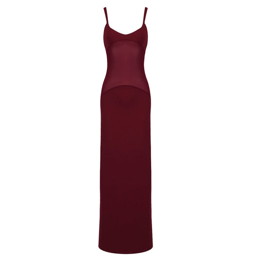 Women Summer Elegant Graceful Strap Stitching Mesh Slim Fit Maxi Dress