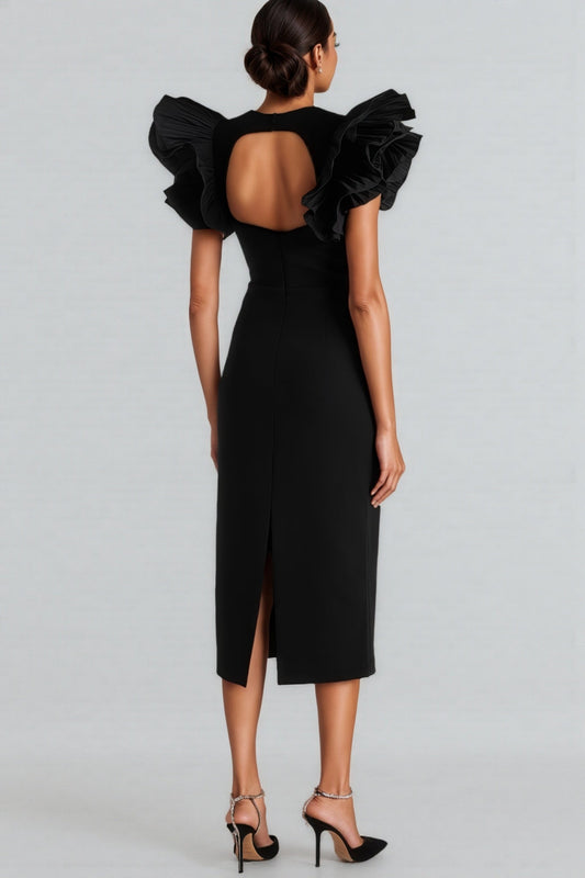 Starsha Black Puff Sleeve Midi Dress