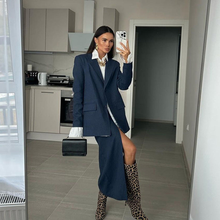 High Sense Striped Women Collared Long Sleeve Top High Waist Slit Skirt Two Piece Sets