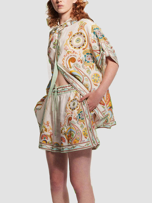 Linen Graffiti Linen Macaron Collared Shorts Sets
