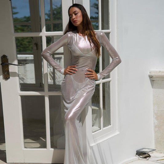 Autumn Winter Women round Neck Long Sleeve Sexy See through High Waist Figure Flattering Sheath Dress