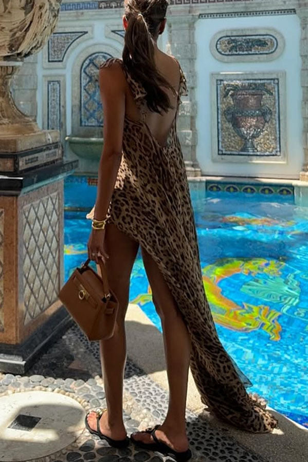 Immerse Vacation Leopard Tie-up Slit Midi Top and Elastic Waist Shorts Set