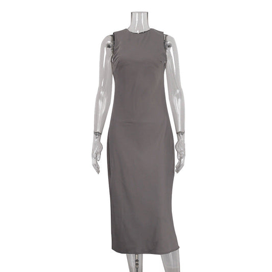 Neck Sleeveless Vest Dress Solid Color Slim Fit Slimming Base Maxi Dress