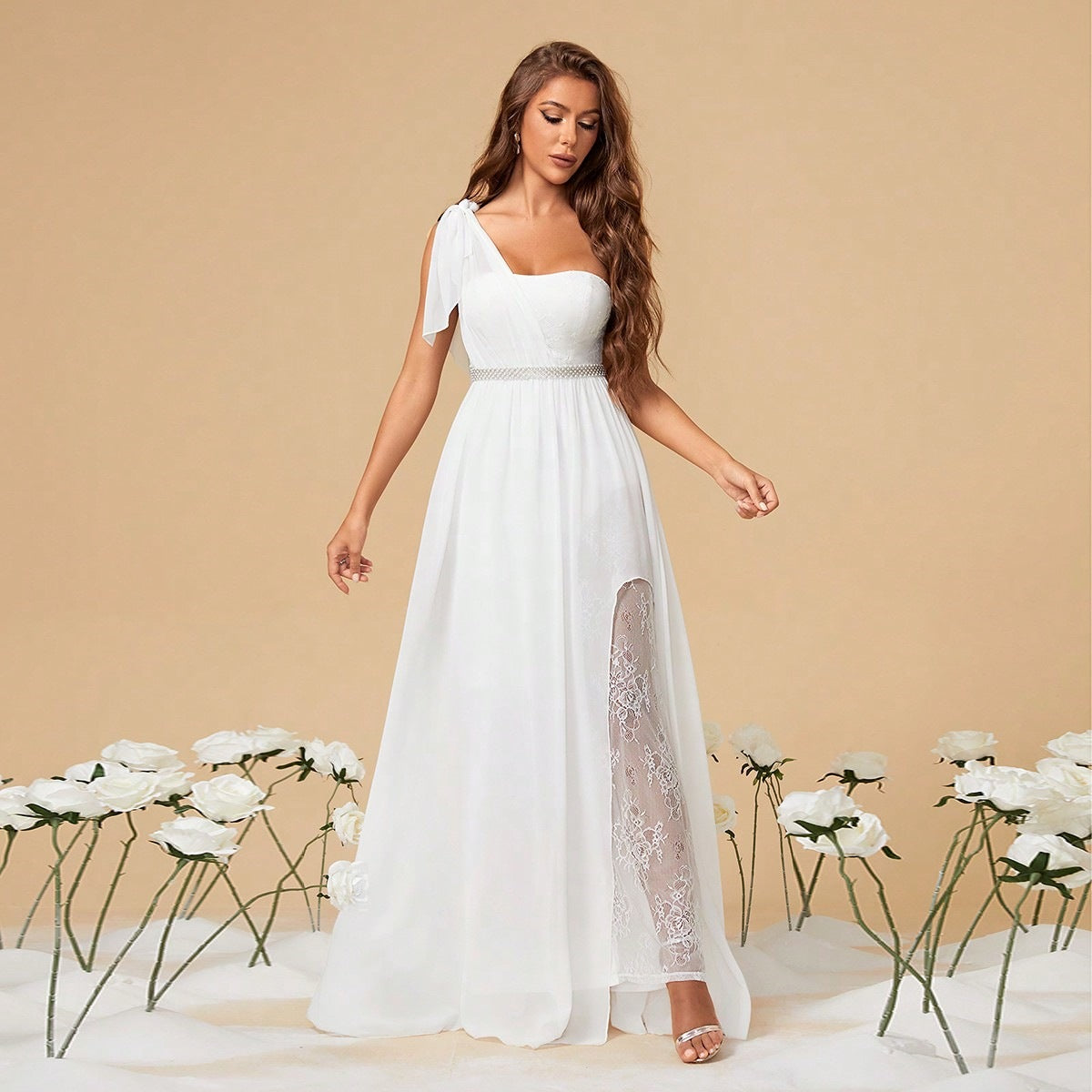 One Shoulder Dress White Slit See through Sexy Dress Waist Slimming Annual Party Evening Dress