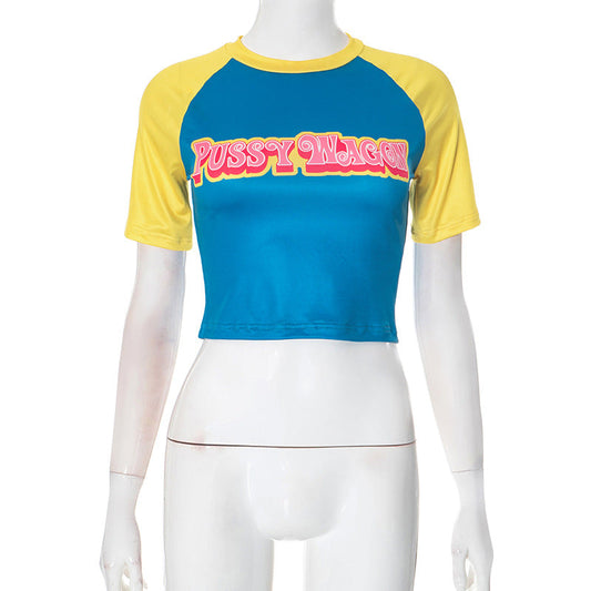 Women Letter Graphic Print Contrast Color round Neck Pullover Sexy Short Cropped Top T shirt
