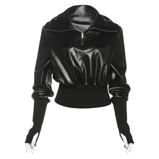 Winter Sexy Slim Short Patchwork Sweatshirt Solid Color Faux Leather Zipper Top
