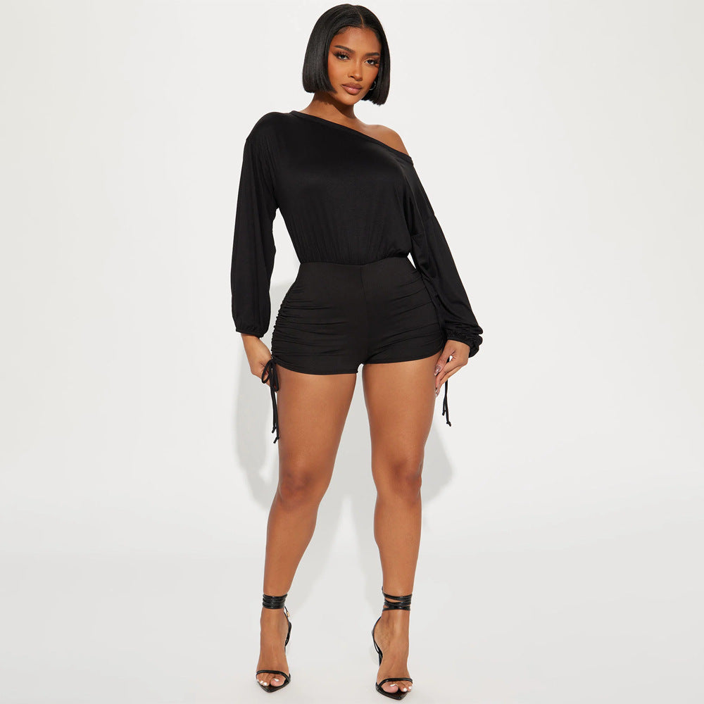 Women Wear Casual off Shoulder off Shoulder Long Sleeve Pleated Drawstring Fitted Waist Jumpsuit