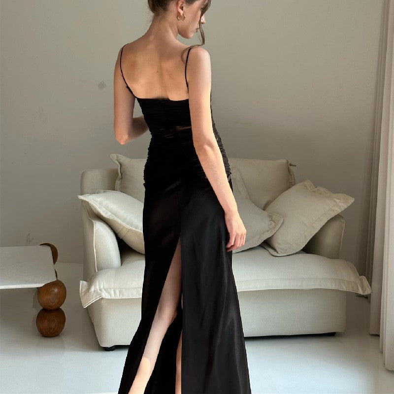 Women Summer Sexy Mesh Stitching Cami Dress Slim-Fit Long Pure Dress for Women