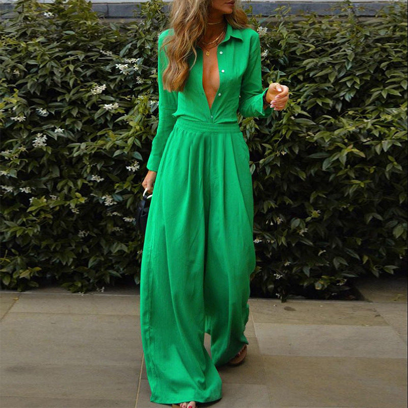 Women Clothing Solid Color Sexy Cardigan Shirt Casual Loose-Fitting Wide-Leg Trousers Two-Piece Set