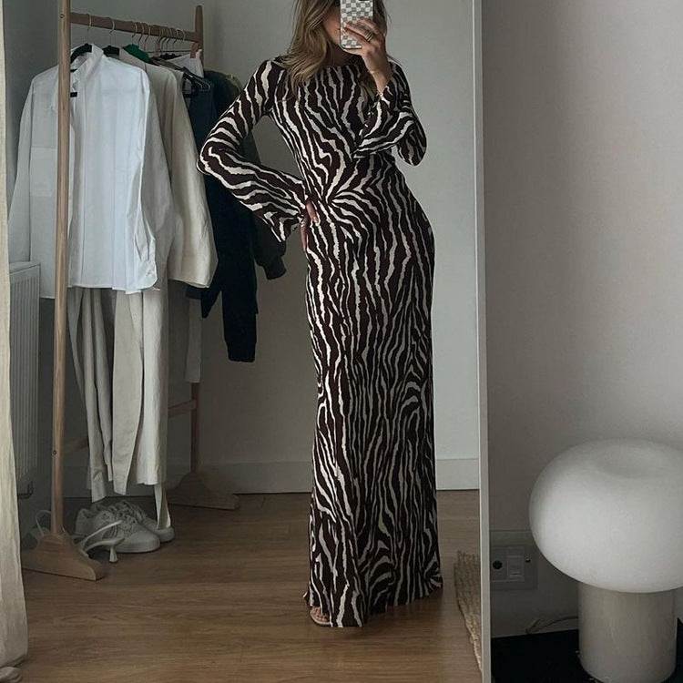 Striped Printing Loose Dress Casual round Neck Long Sleeve Dress Women Autumn Winter