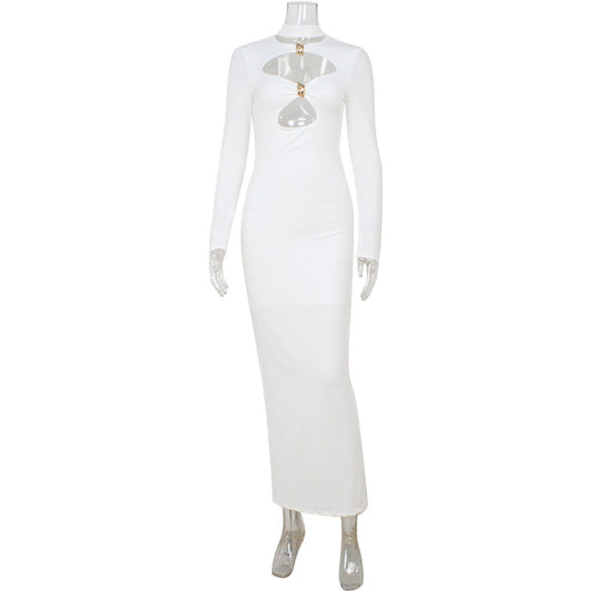 Women Design Hollow Out Cutout out High Class Elegant Slim Fitting Simple Solid Color Maxi Dress Hip Dress