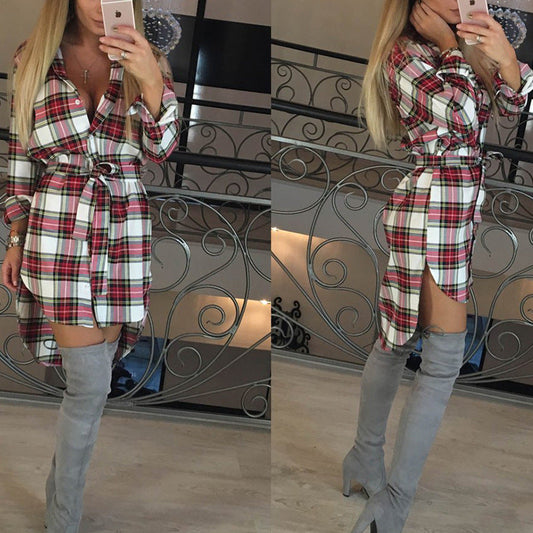 Women Clothing Ladies Collared Long Sleeve Shirt Women Mid-Length Plaid Shirt Shirt Dress