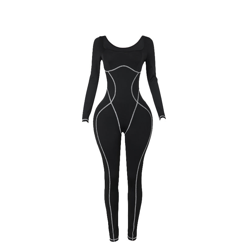 Autumn Women Clothing Street Personalized Sexy Slim Fit Square Collar Split Jumpsuit