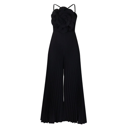Women Clothing Summer Halter Three Dimensional Floral Solid Color Wide Leg plus Size Jumpsuit