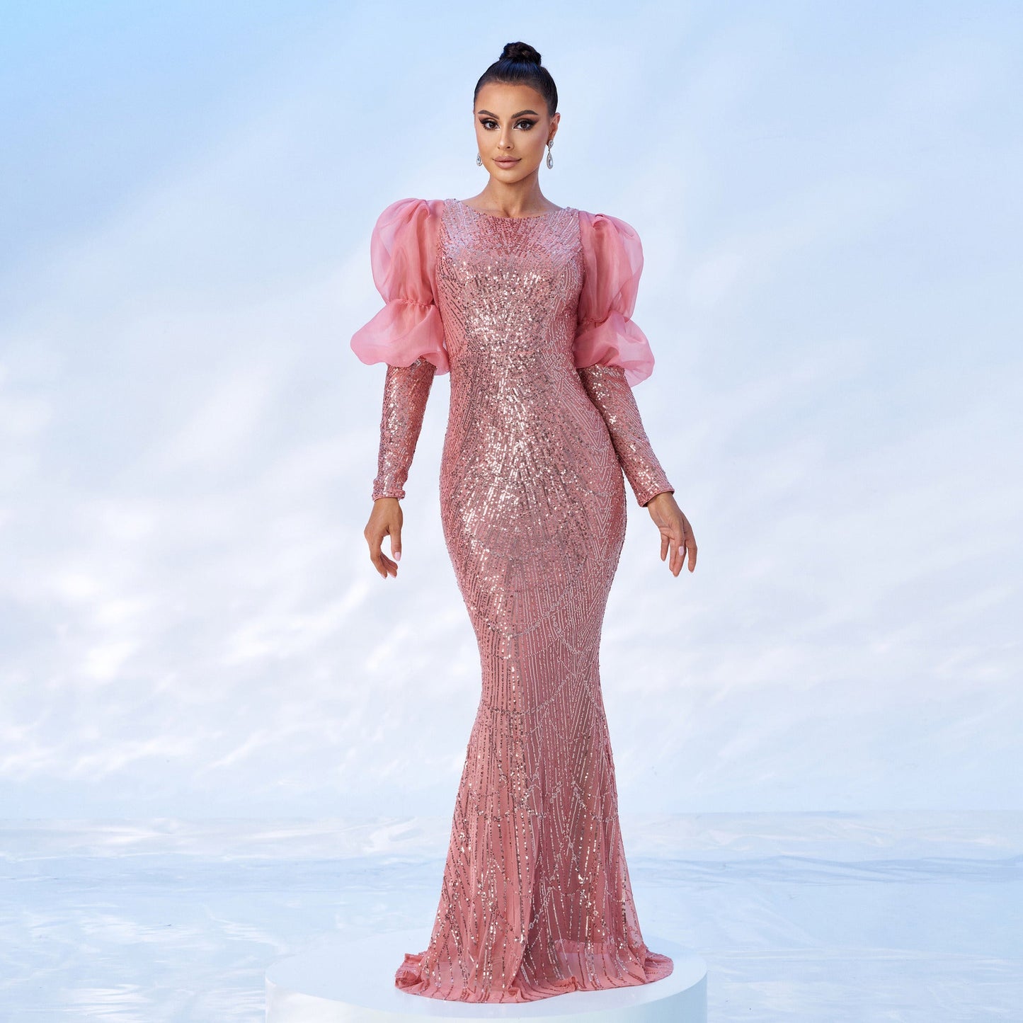 High End Long Sleeve Crew Neck Sexy Long Sequined Cocktail Evening Dress Bridesmaid Dress Dress Women