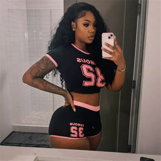 Summer Popular Sports Elastic Letter Graphic Printed Street T shirt Shorts Set Women