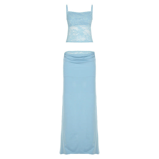Women Clothing Lace Top with Narrow Straps Stitching Satin Fishtail Skirt Slim Waist Sheath Skirt Two Piece Sets