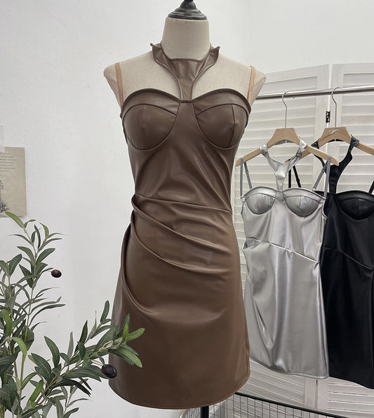 Chest Pad Halter Spaghetti Straps Dress Sexy Slim Fit Ruffle Hip Faux Leather Sexy