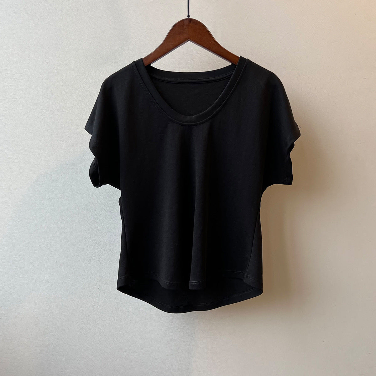Three Dimensional Simple U Neck Short Sleeved T shirt for Women Summer Slimming Wide Sleeved Top