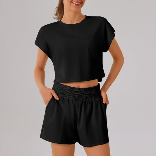 Solid Color round Neck Quick Dry Short Sleeved Top Faux Two Pieces Anti Exposure Shorts Loose Sports Yoga Fitness Set