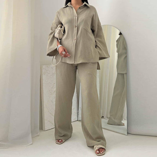 Women Clothing Autumn Champray Long Sleeve Shirt High Waist Wide Leg Pants Set