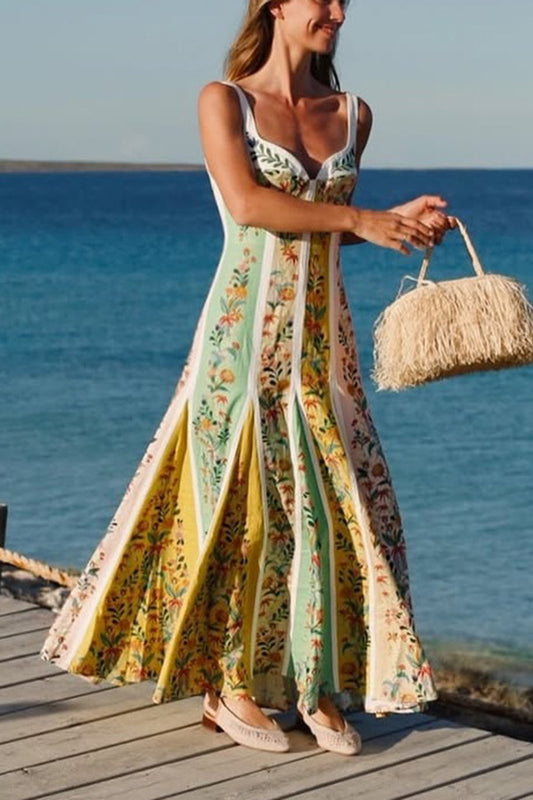 Sweet Garden Linen Blend Color Block Floral Paneled Maxi Dress