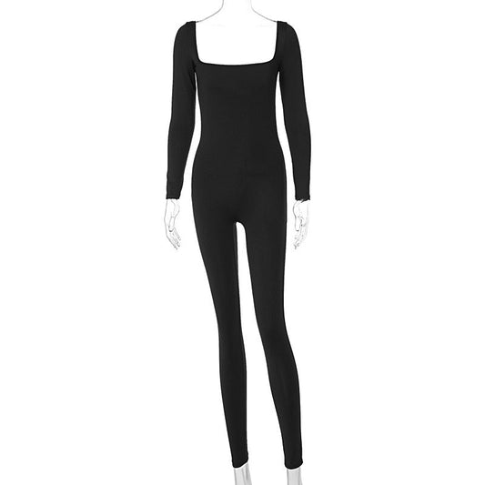 Women’s Clothing Summer Solid Color Long Sleeve Belly Waist Shaping Hip Lift Square Collar Jumpsuit
