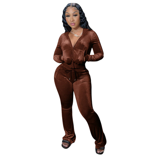 Women Clothing New Solid Color Gold Velvet Casual Hat Wide Leg Pants Two-Piece Set