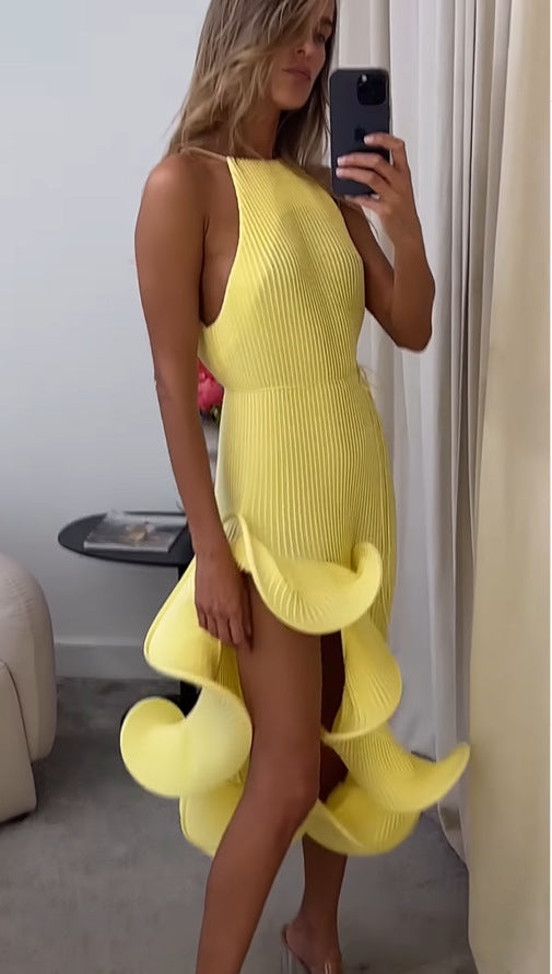 Solid Color Sleeveless Waist Tie Irregular Ruffle Slim Midi Dress