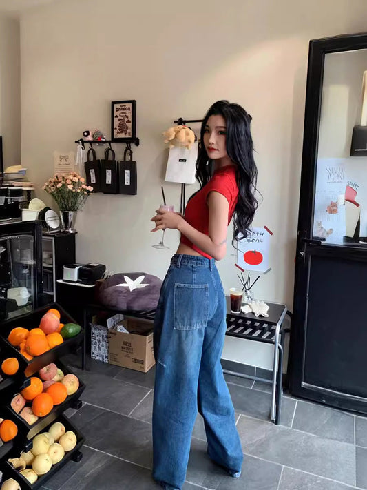 Versatile, Slim, Fashionable, Pioneering, Light Deconstruction, Split Tangent, Loose Curved Cocoon Jeans, Banana Pants for Women 4001